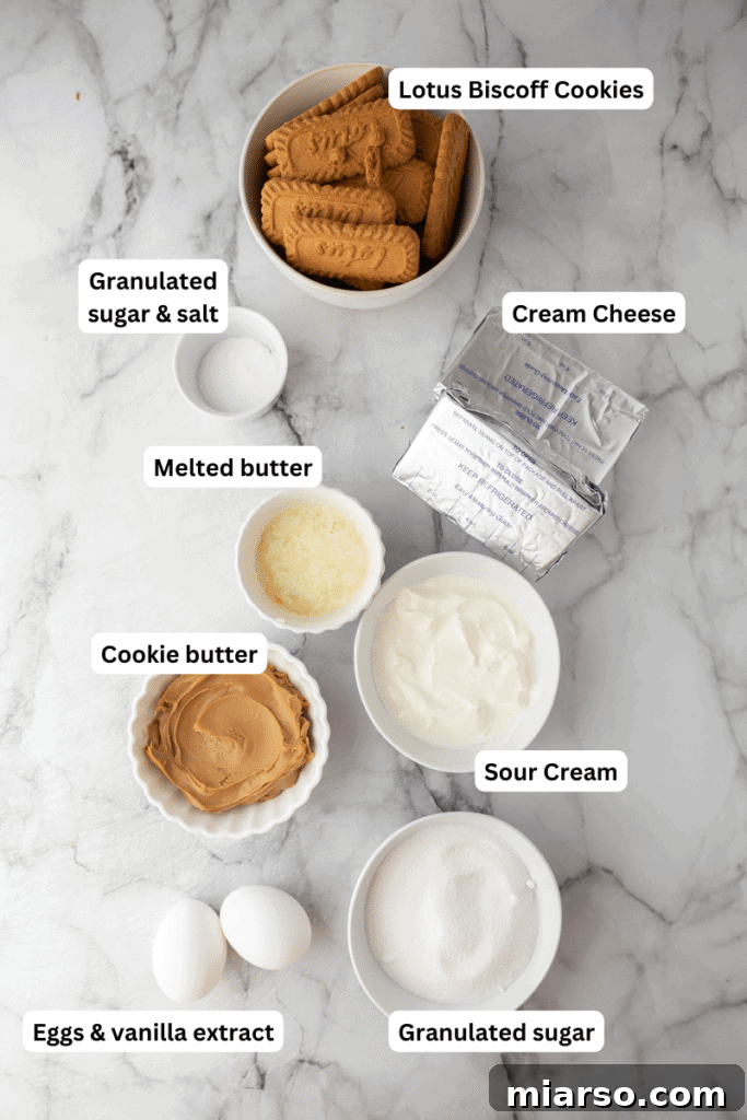 A collection of fresh ingredients laid out for making the 6-inch Biscoff Cheesecake Recipe.