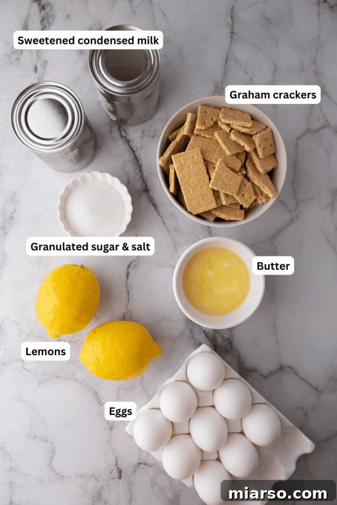 A collection of fresh ingredients laid out on a kitchen counter, including graham crackers, lemons, eggs, and cans of condensed milk, ready for making lemon pie