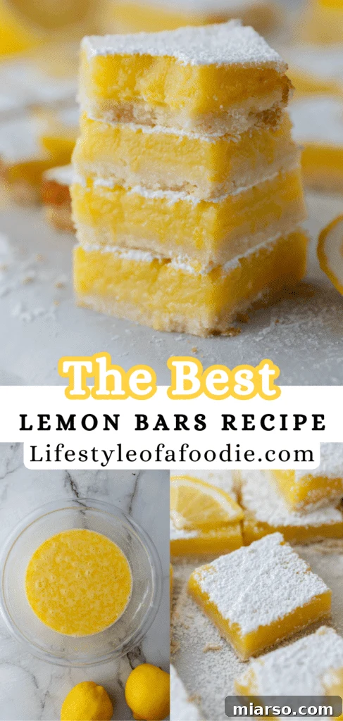 Pinterest pin for the easy lemon bars recipe featuring sliced bars.