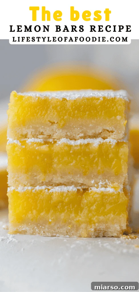 Pinterest pin for the easy lemon bars recipe showcasing whole baked bars.