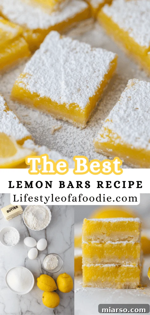 Pinterest pin for the easy lemon bars recipe with close-up of powdered sugar.