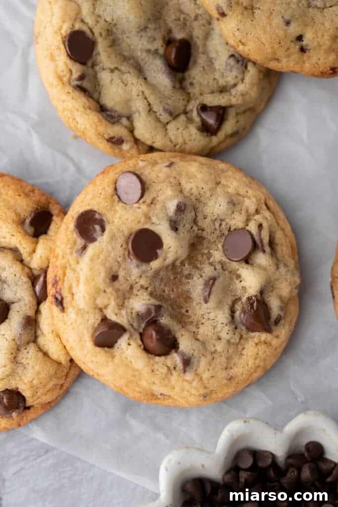 overhead close up of the sourdough chocolate chip cookies