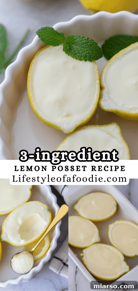 Pinterest pin of the easy lemon posset recipe, showcasing its beautiful presentation.