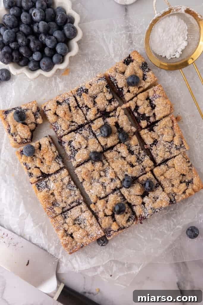 Overhead shot of freshly baked blueberry blondies cut into squares