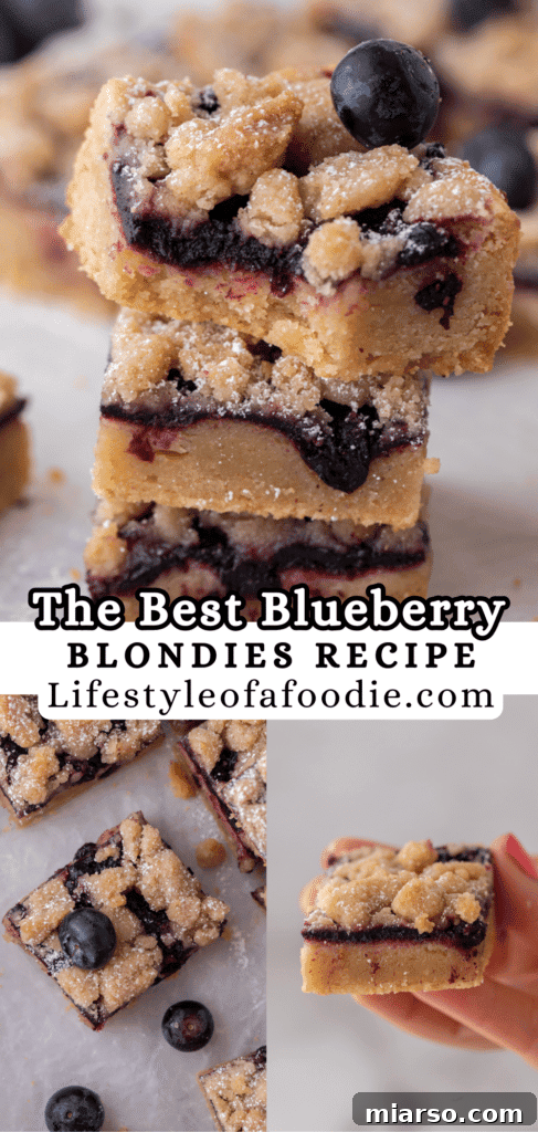 Pinterest pin of blueberry blondies recipe for easy saving