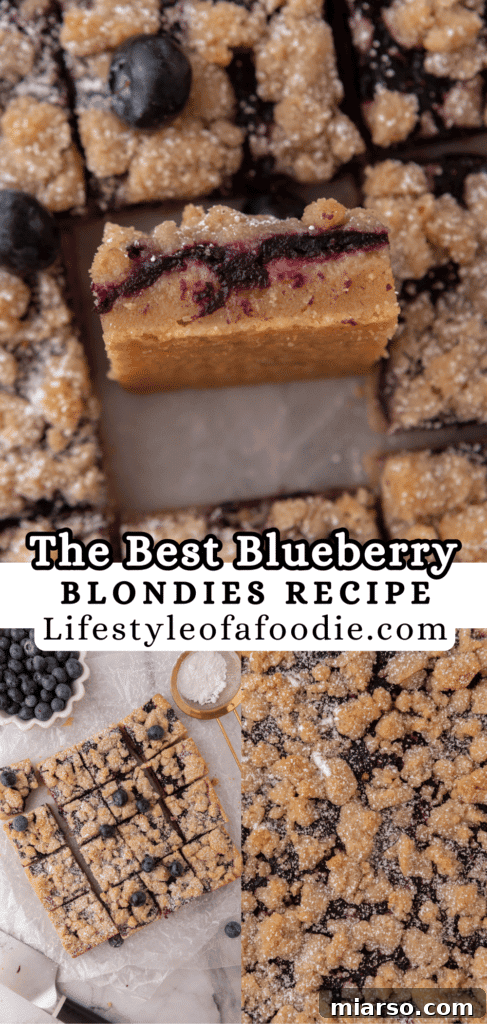 Pinterest pin of finished blueberry blondies recipe squares