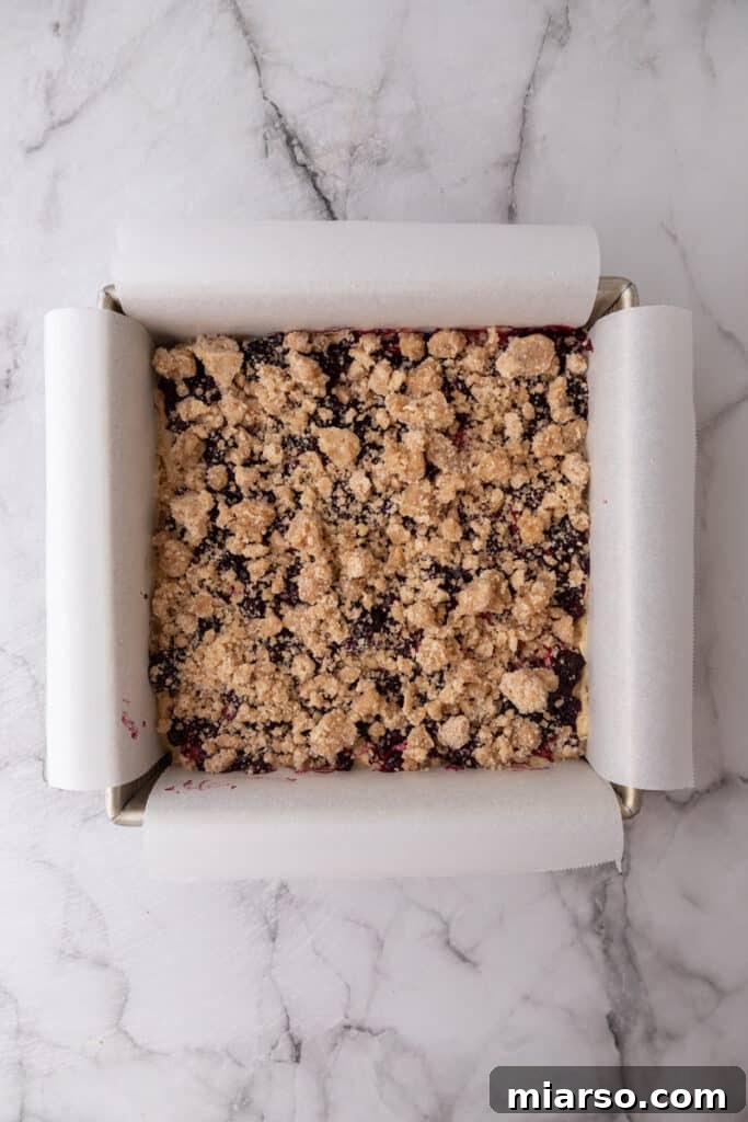 Blondie base, blueberry jam, and streusel topping layered in a pan