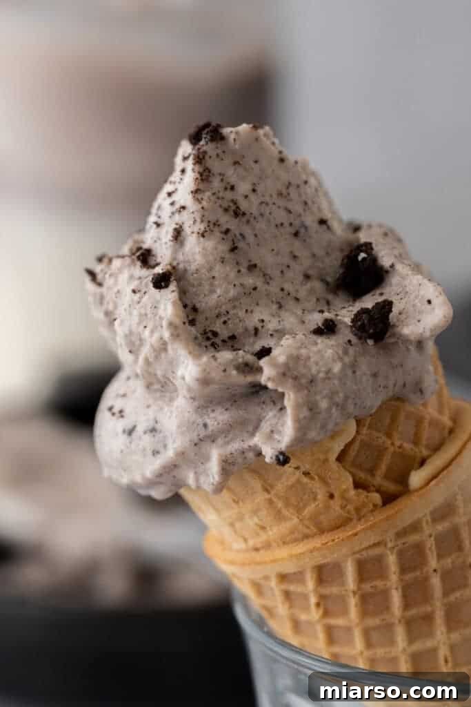 close up of the ninja creami cookies and cream recipe in a cone 