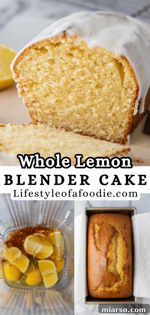 Pinterest pin showing a slice of Whole Lemon Blender Cake on a white dish