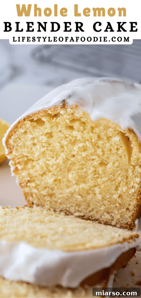 Pinterest pin displaying the full Whole Lemon Blender Cake with glaze