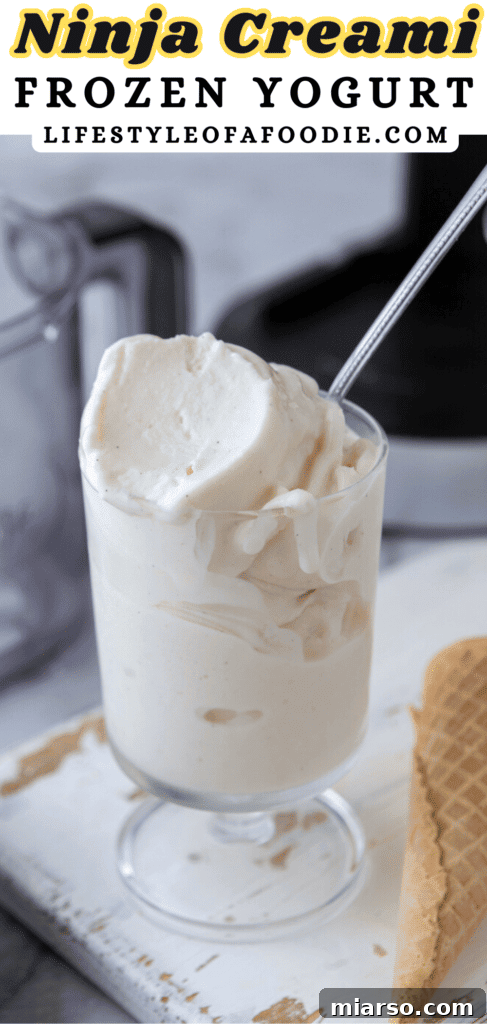 Pinterest pin showing a glass of Ninja Creami frozen yogurt, perfect for saving the recipe.
