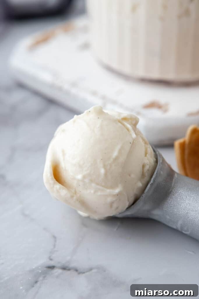 A spoonful of smooth, creamy Ninja Creami frozen yogurt, showcasing its perfect texture.