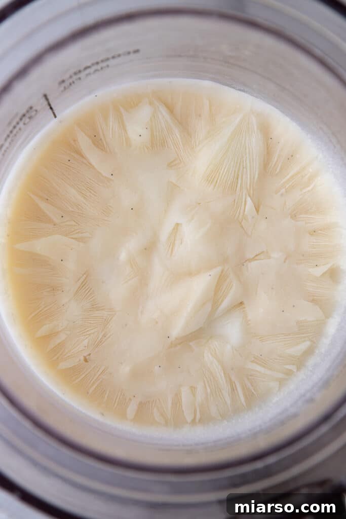 Ninja Creami pint cup with frozen yogurt mixture, ready for processing.