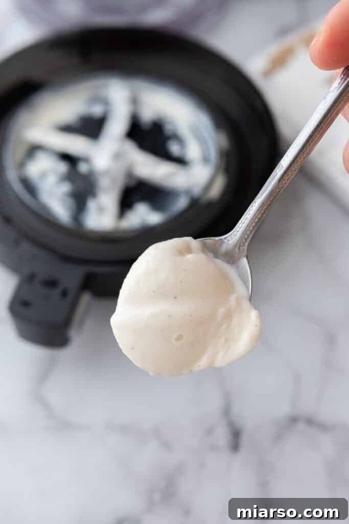 Creamy Ninja Creami frozen yogurt on a spoon, showcasing its smooth texture.