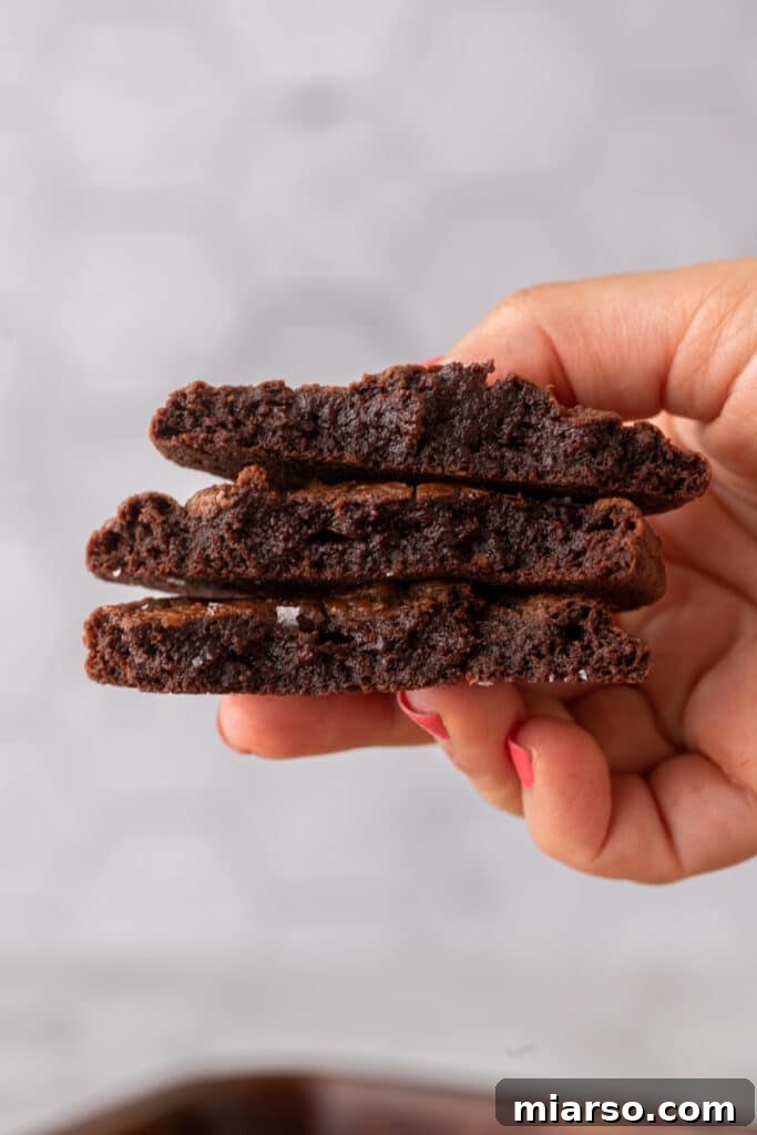 Hand holding brownie cookies, showcasing their perfect texture and crinkle top.