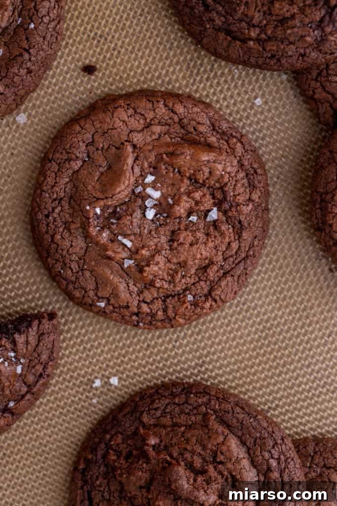 Overhead shot of freshly baked brownie cookies arranged on a cooling rack.