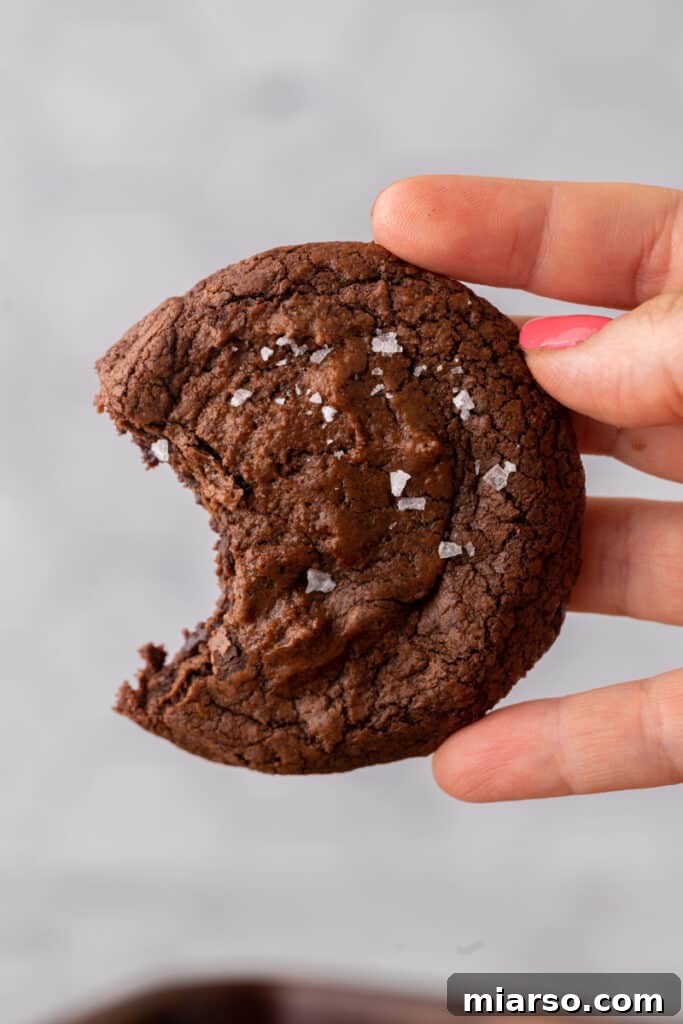 A hand presenting a freshly baked brownie cookie, highlighting its rich color and texture.