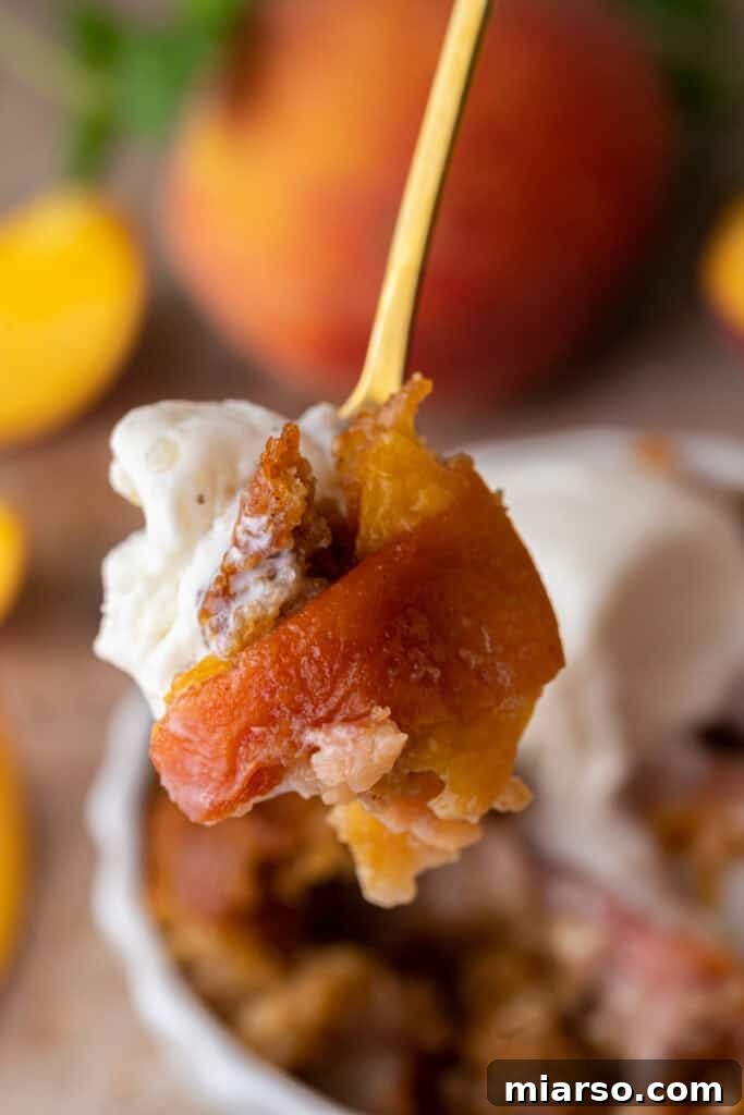 old fashioned peach cobbler recipe on a spoon