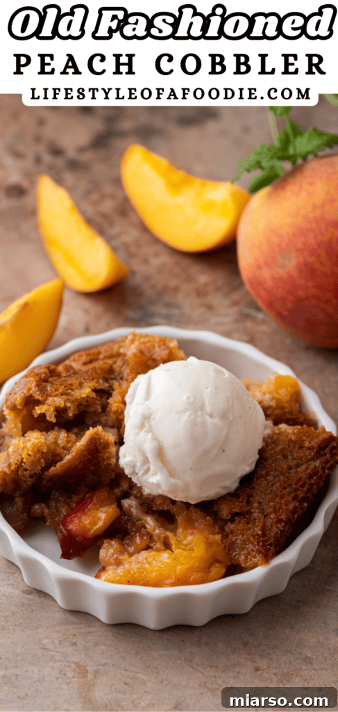 pinterest pin of the old fashioned peach cobbler recipe