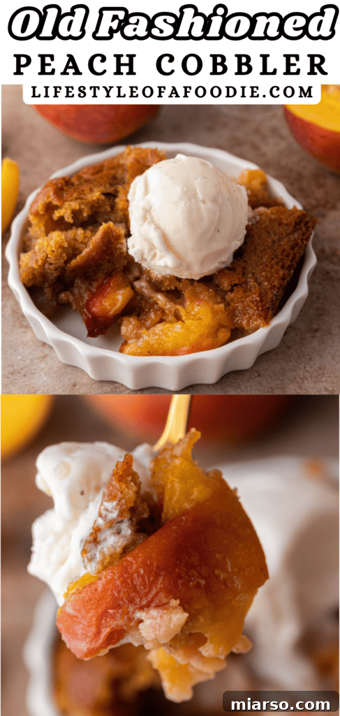 pinterest pin of the old fashioned peach cobbler recipe