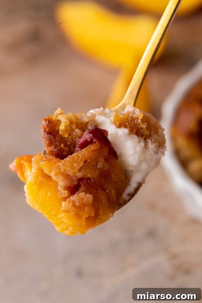 old fashioned peach cobbler recipe on a spoon