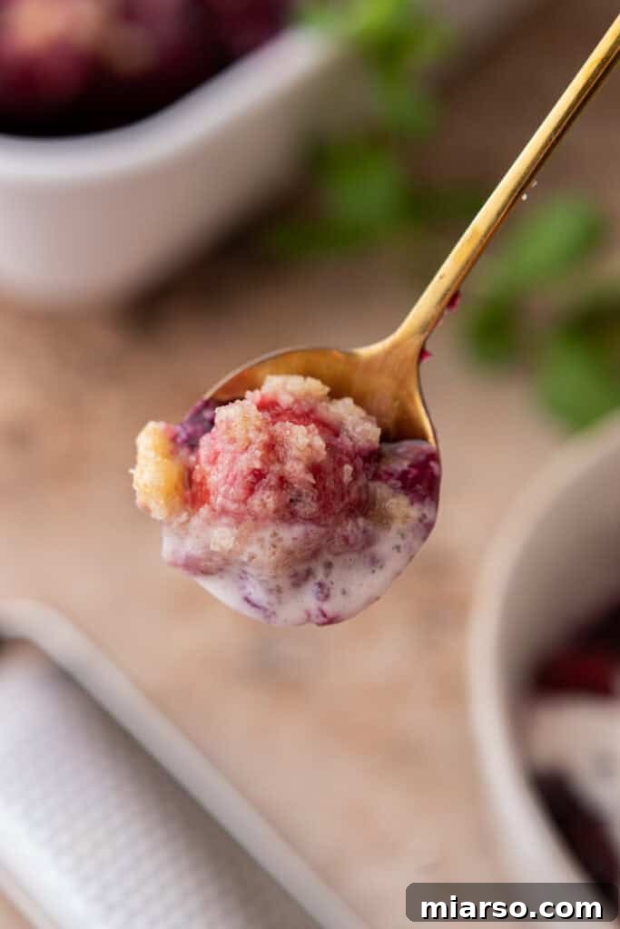 mixed berry cobbler recipe on a spoon