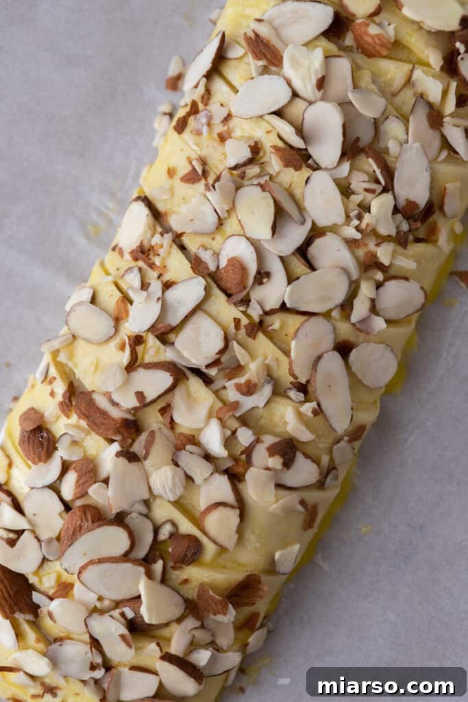 Braided dough brushed with egg wash and topped with sliced almonds