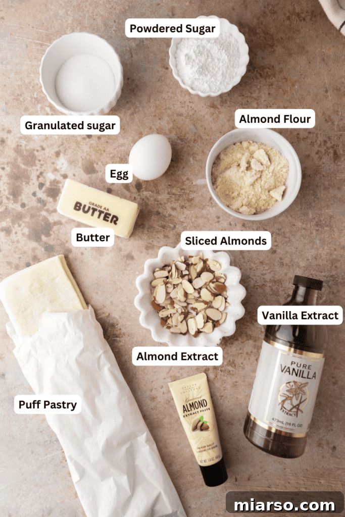 Ingredients for Braided Almond Croissant Danish Recipe laid out on a counter
