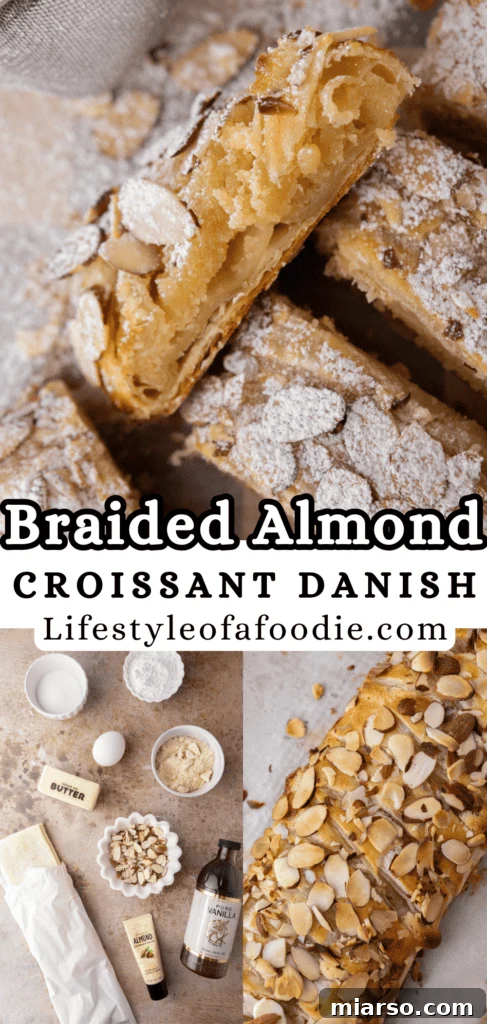 Pinterest pin for Braided Almond Croissant Danish recipe, showing a close-up of the braid