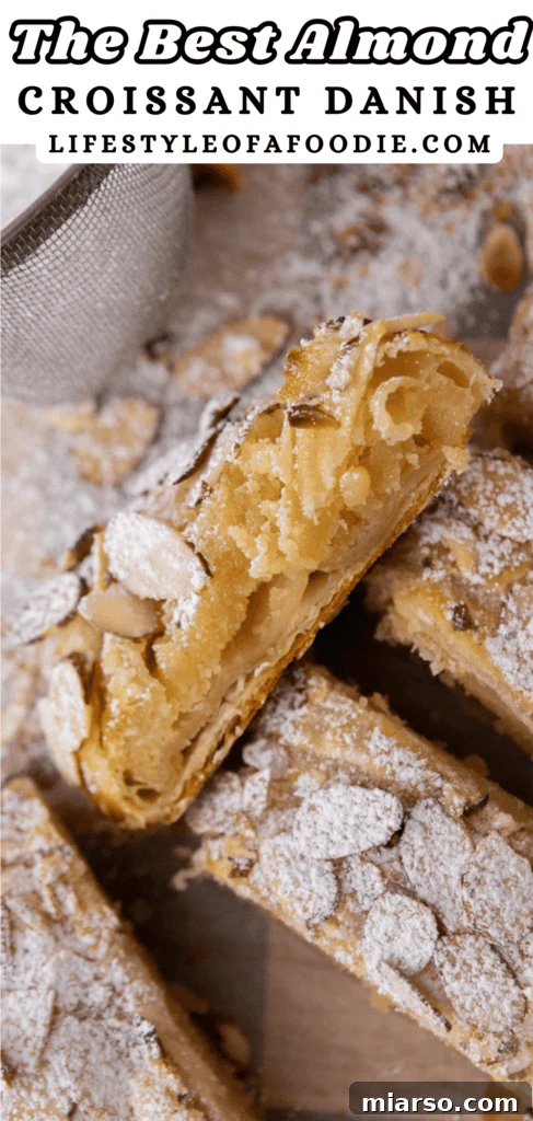 Pinterest pin for Braided Almond Croissant Danish recipe, featuring a whole baked pastry