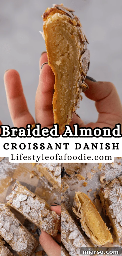 Pinterest pin for Braided Almond Croissant Danish recipe, highlighting the golden crust
