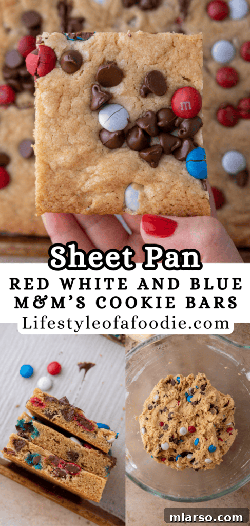 Close up of patriotic sheet pan red white and blue M&M's cookie bars, perfect for holiday celebrations.
