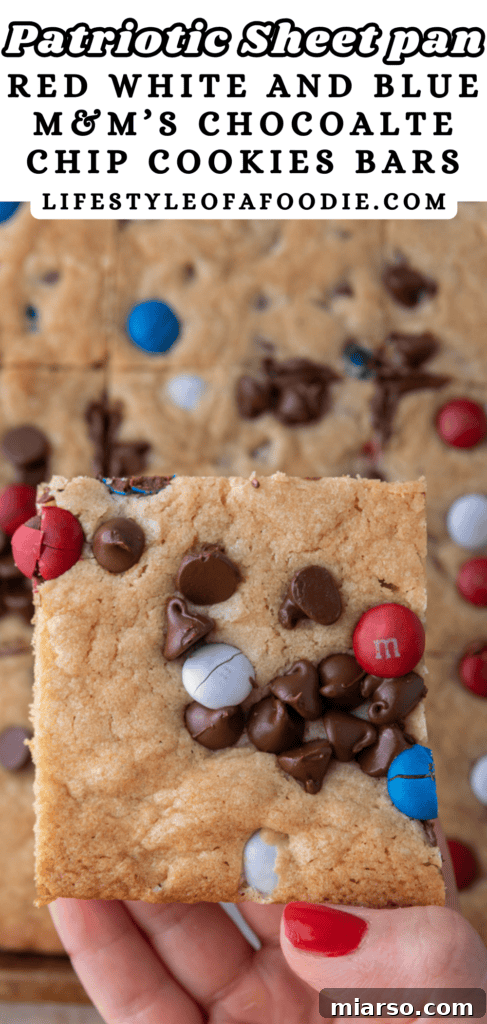 Vibrant patriotic sheet pan red white and blue M&M's cookie bars arranged artfully.