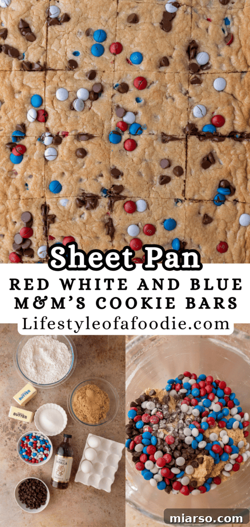 Patriotic sheet pan red white and blue M&M's cookie bars, ideal for summer desserts.
