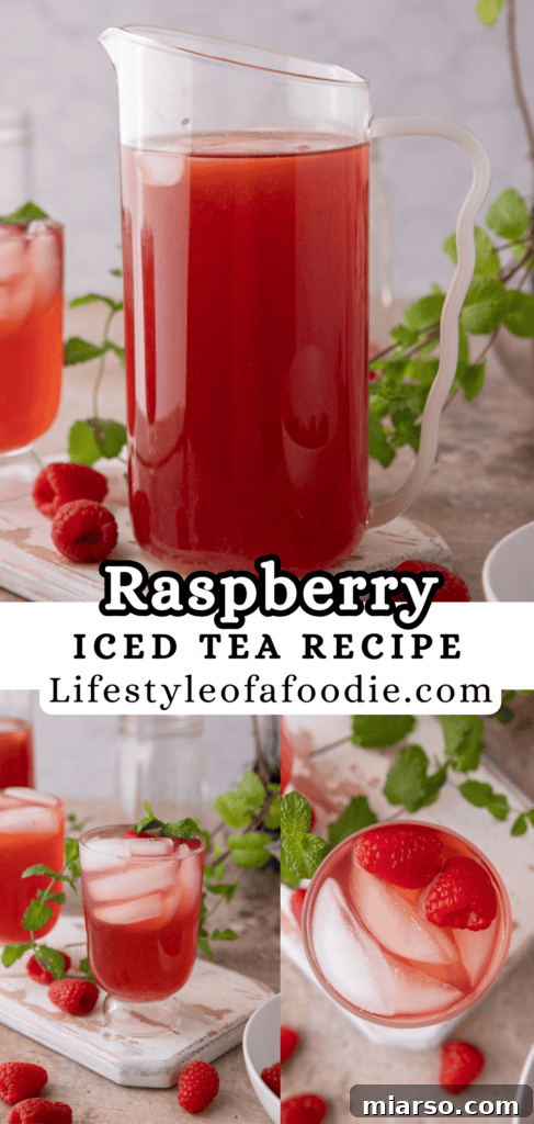 Pinterest pin image for the Raspberry Iced Tea Recipe, showing a glass with ice and berries