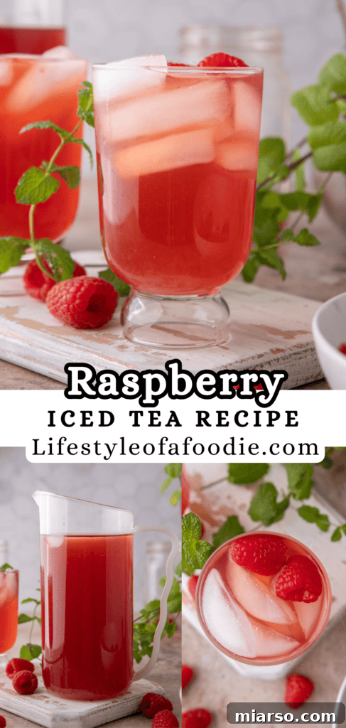 Pinterest pin image for the Raspberry Iced Tea Recipe, showcasing ingredients