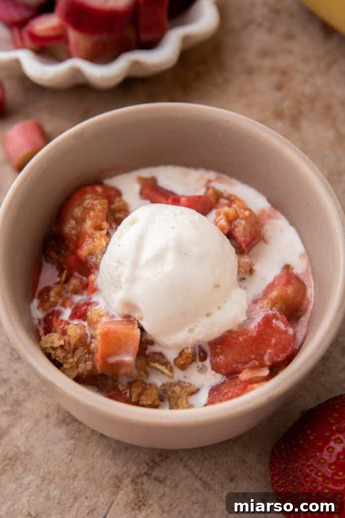 Your New Favorite Strawberry Rhubarb Crisp 11 Individual serving of strawberry rhubarb crisp in a bowl, ready to be enjoyed.