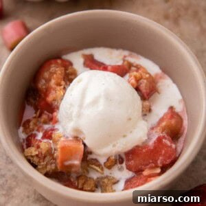 Your New Favorite Strawberry Rhubarb Crisp 14 Close-up of a serving of strawberry rhubarb crisp in a bowl.