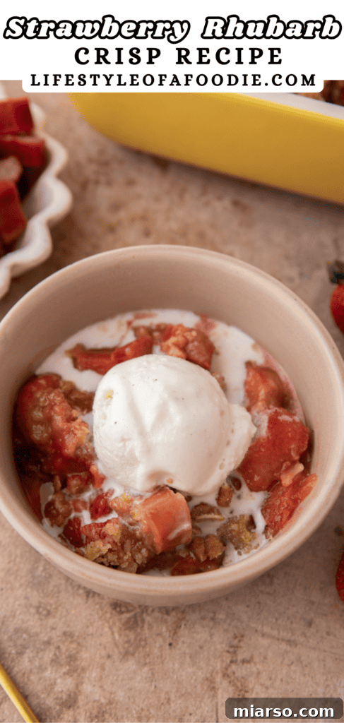 Your New Favorite Strawberry Rhubarb Crisp 16 Pinterest pin graphic featuring a vibrant Strawberry Rhubarb Crisp.