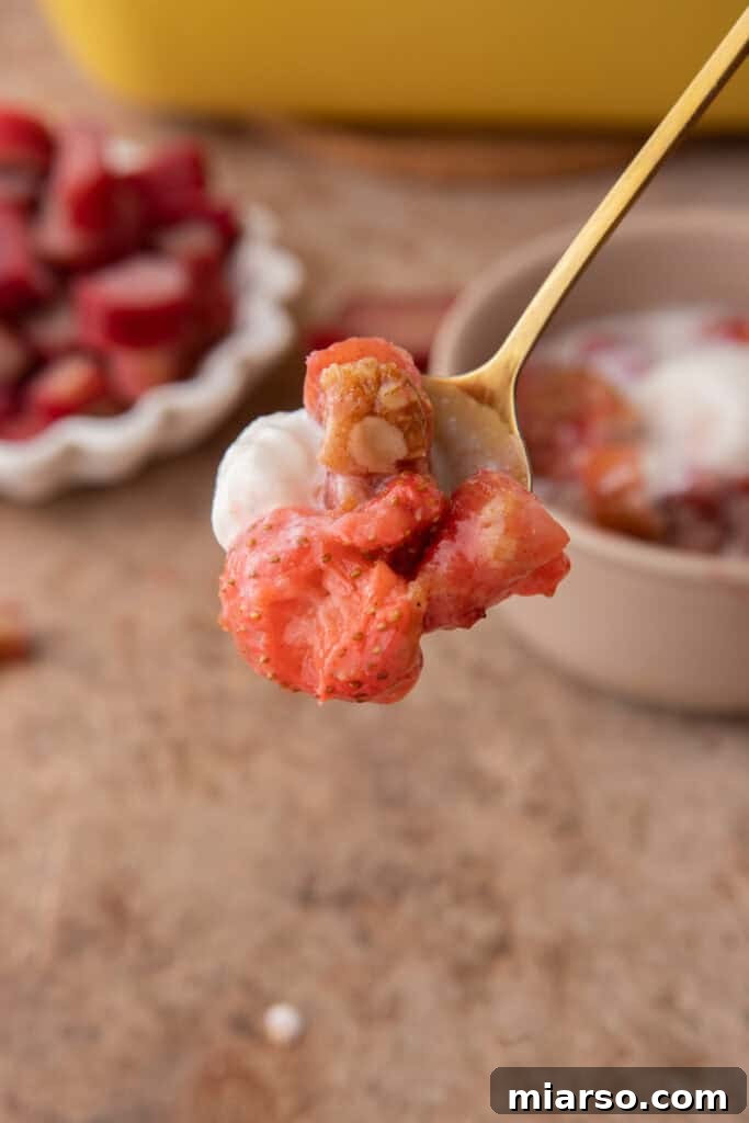 Your New Favorite Strawberry Rhubarb Crisp 4 Close-up of the crunchy oat topping on a spoonful of strawberry rhubarb crisp.