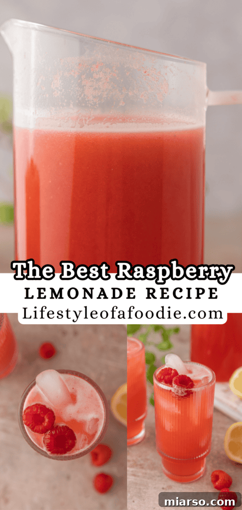 Pinterest pin showing a glass of vibrant raspberry lemonade