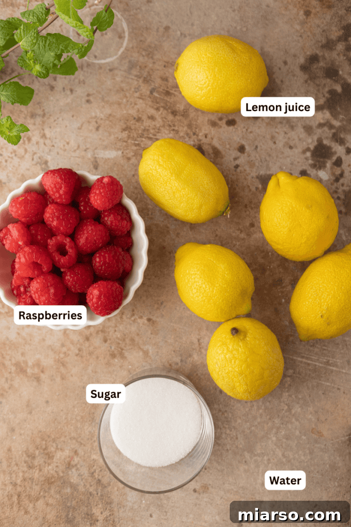Ingredients laid out for homemade raspberry lemonade recipe