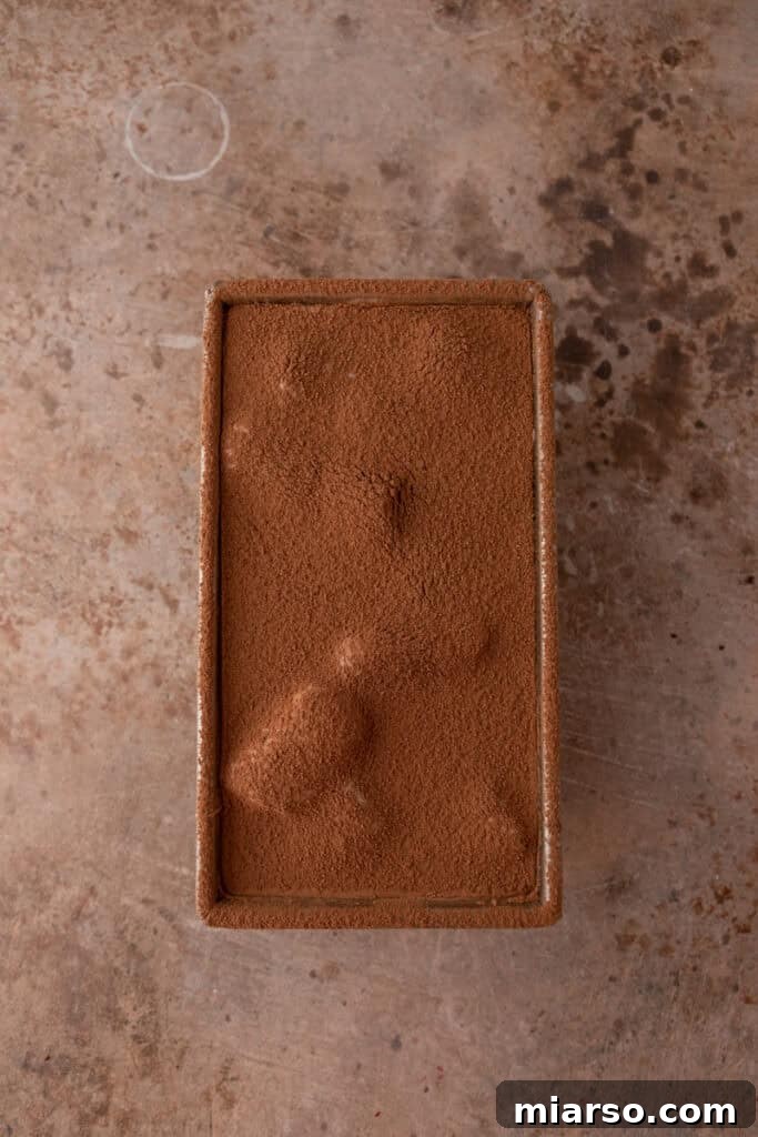 Effortless No-Churn Tiramisu Ice Cream 11 second layer in the pan covered with cocoa powder