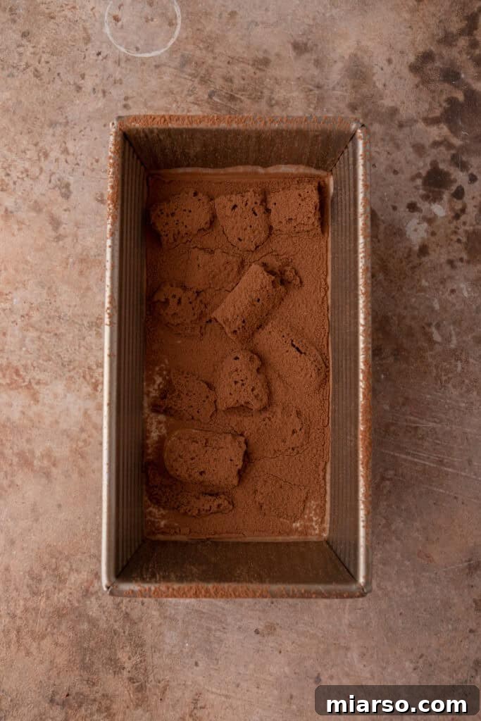 Effortless No-Churn Tiramisu Ice Cream 10 first layer in the pan covered with cocoa powder