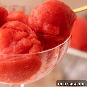 A refreshing glass of homemade strawberry sorbet, garnished with a fresh strawberry.