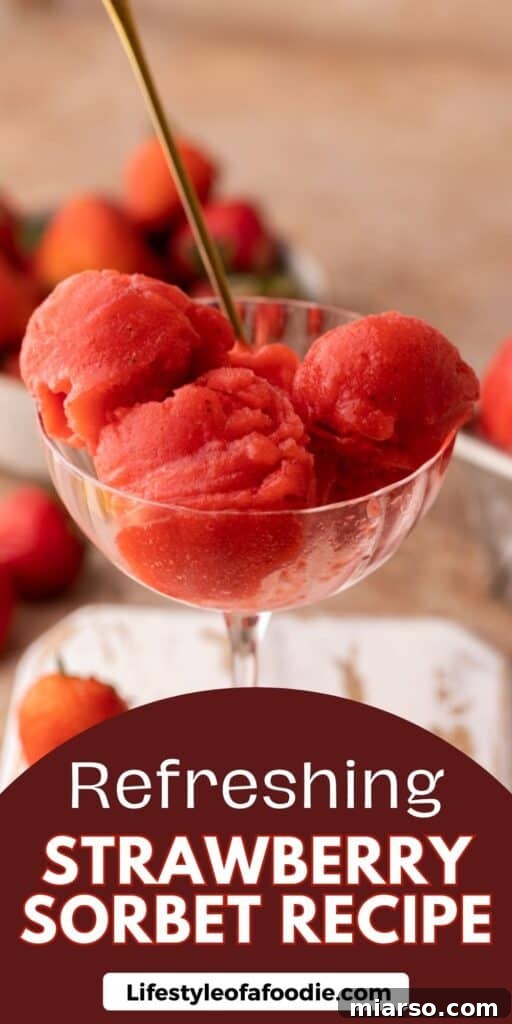 A close-up shot of homemade Strawberry Sorbet, showcasing its smooth texture and rich color.