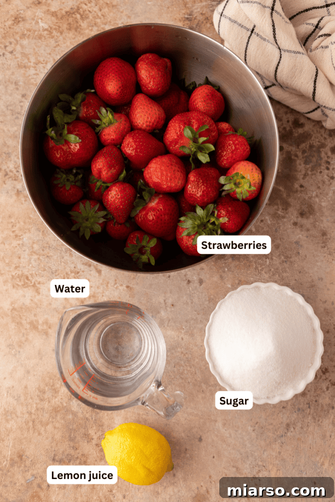 Close-up of fresh strawberries, sugar, water, and lemon, the core ingredients for homemade strawberry sorbet.