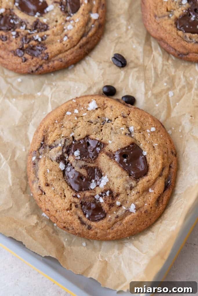espresso chocolate chip cookie with puddles of melty chocolate and sea salt
