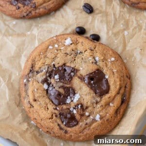 espresso chocolate chip cookie with puddles of melty chocolate and sea salt