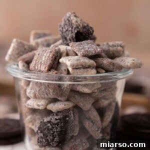 Cookies and Cream Muddy Buddies served in a small cup